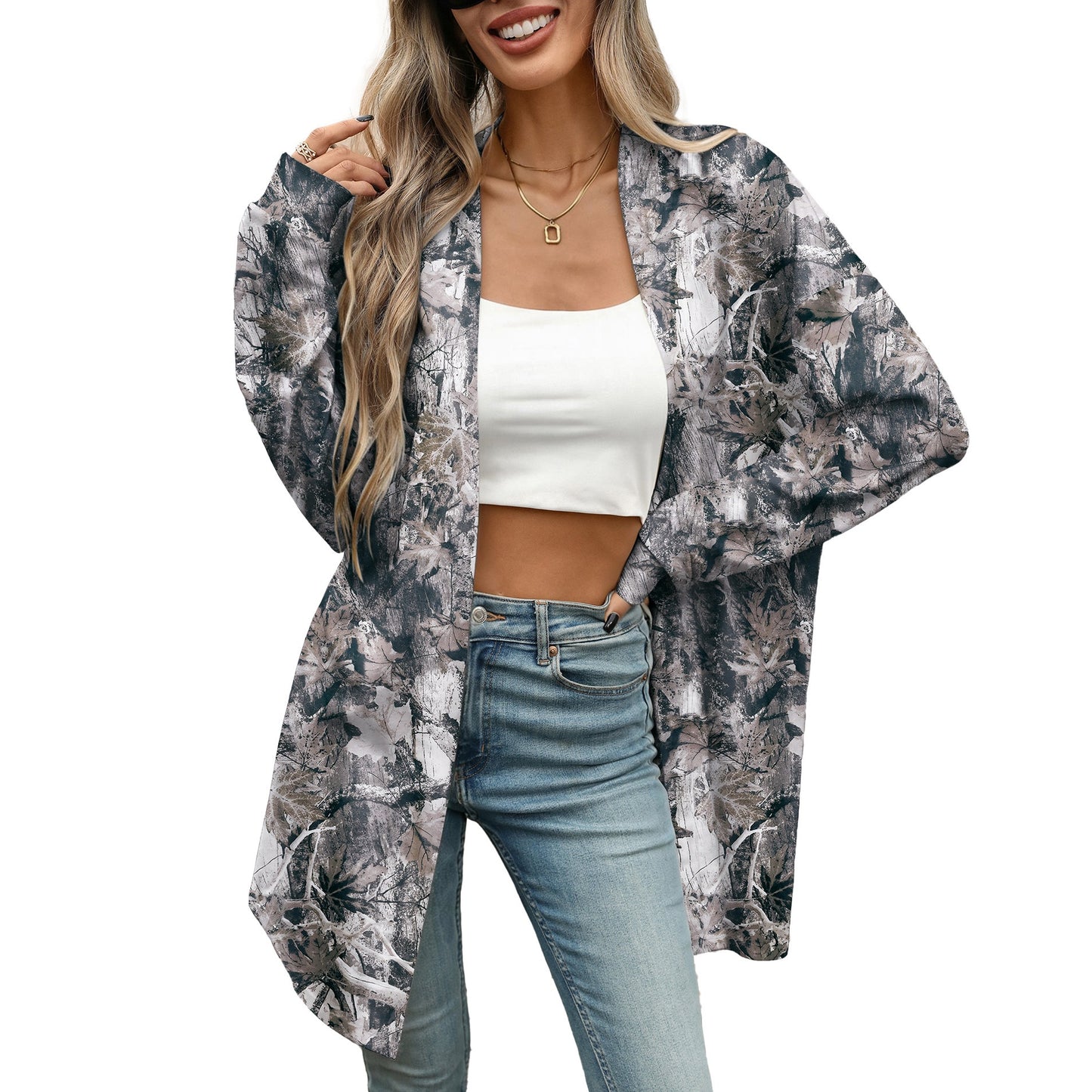 Women's Oversized Open Front Printed Cardigan