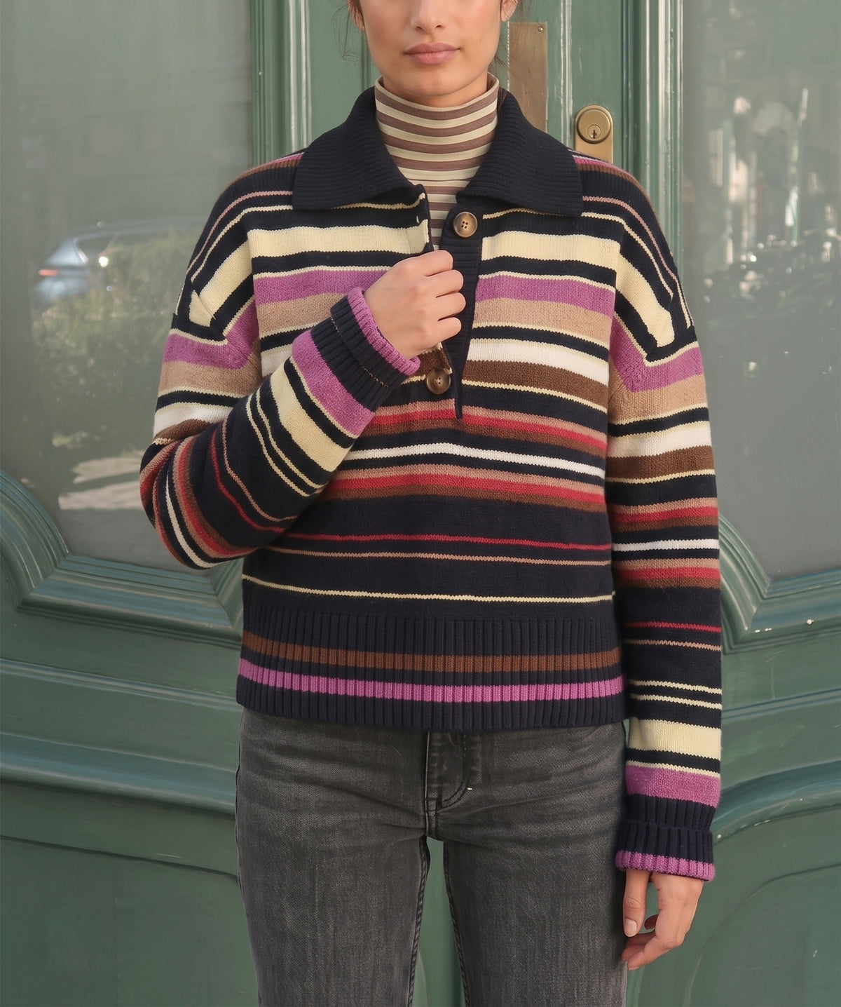 Women's Striped Polo Collar Long Sleeve Sweater