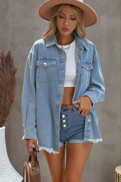 Women's Oversized Denim Shacket Frayed Hem Shirt