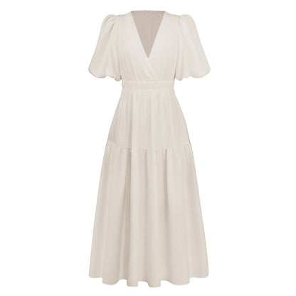 V-Neck Bubble Sleeve Holiday Dress American Fashion