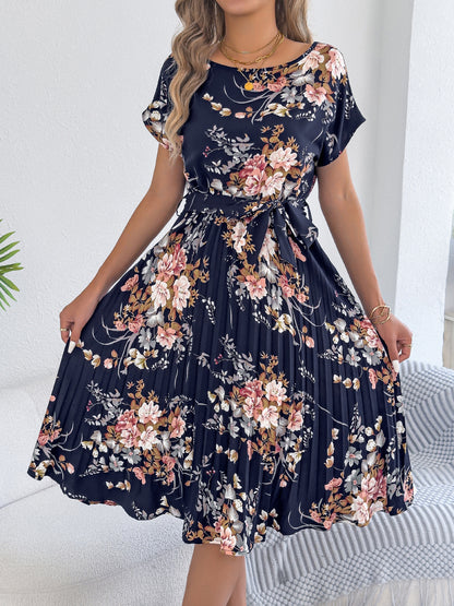 Floral Pleated Midi Dress with Tie Waist for Women