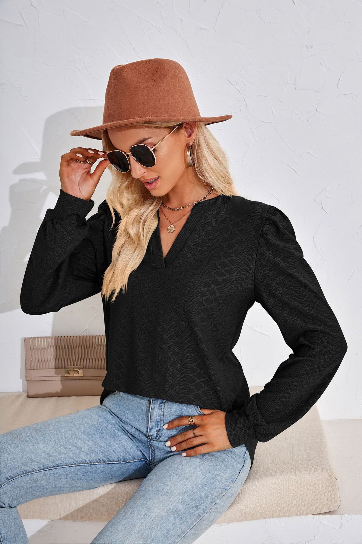 Women's V Neck Puff Sleeve Textured Tunic Top Long Sleeve