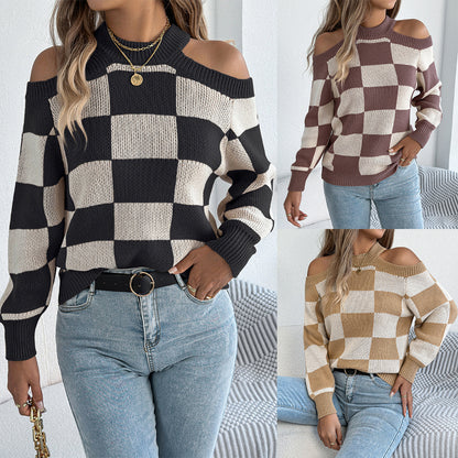 Women's Checkered Cold Shoulder Balloon Sleeve Sweater