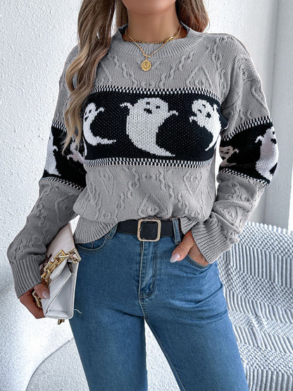 Ghost Print Colorblock Sweater - Halloween Fall Pullover