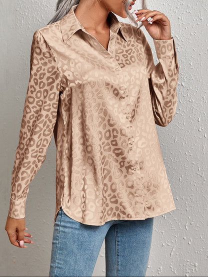 Women's Leopard Jacquard Button Down Shirt Long Sleeve
