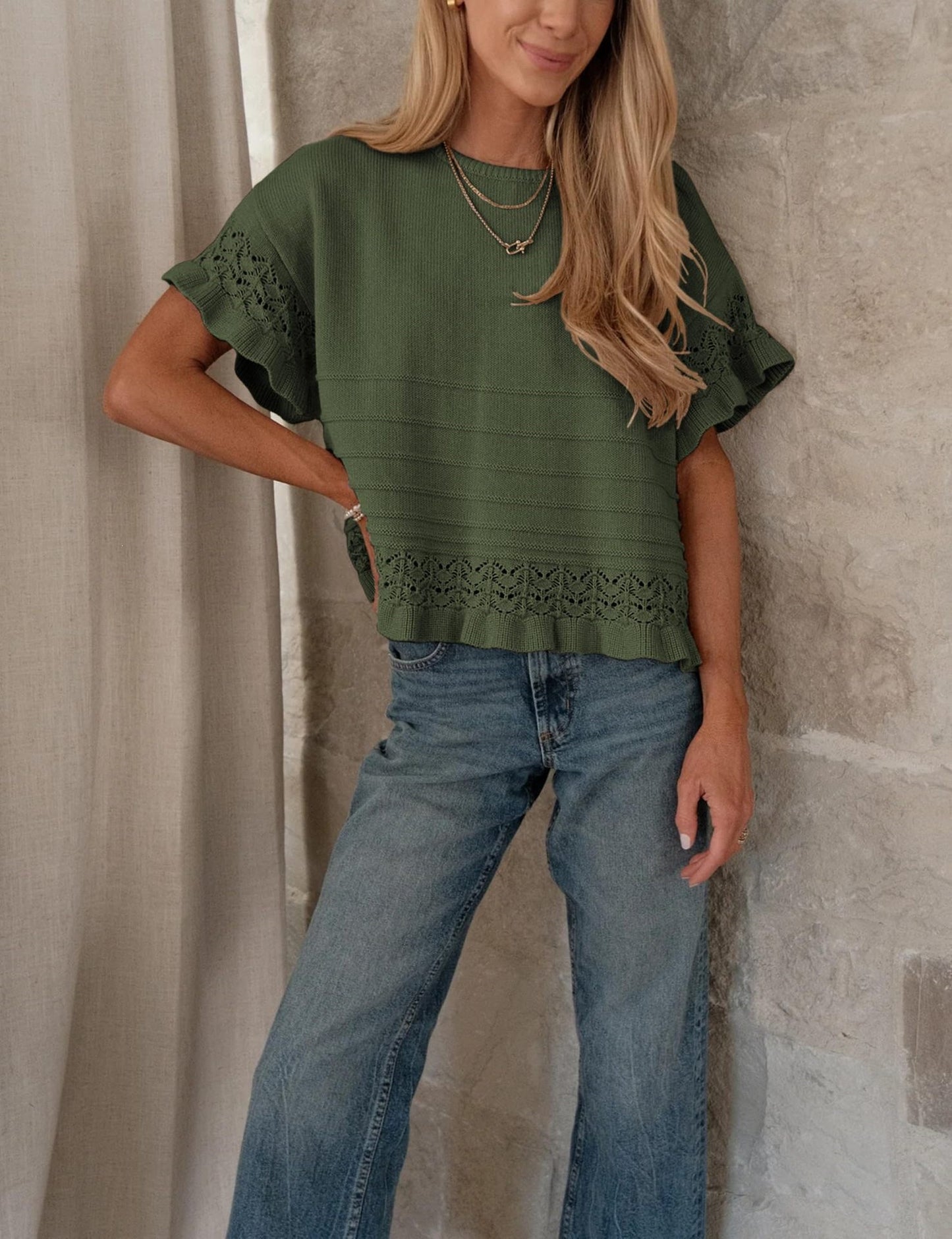 Ruffle Sleeve Crochet Knit Sweater Top Women Summer Blouse