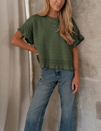 Ruffle Sleeve Crochet Knit Sweater Top Women Summer Blouse