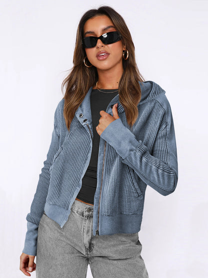 Hooded Zipper Sweater, Spliced Lazy Style Knitted Jacket