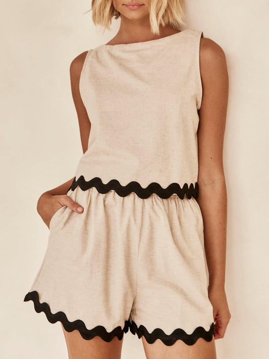 Linen Lace Two-Piece Set - Summer Crew Neck Vest & Shorts