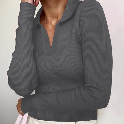 Women's Ribbed Collared V-Neck Long Sleeve Fitted Top