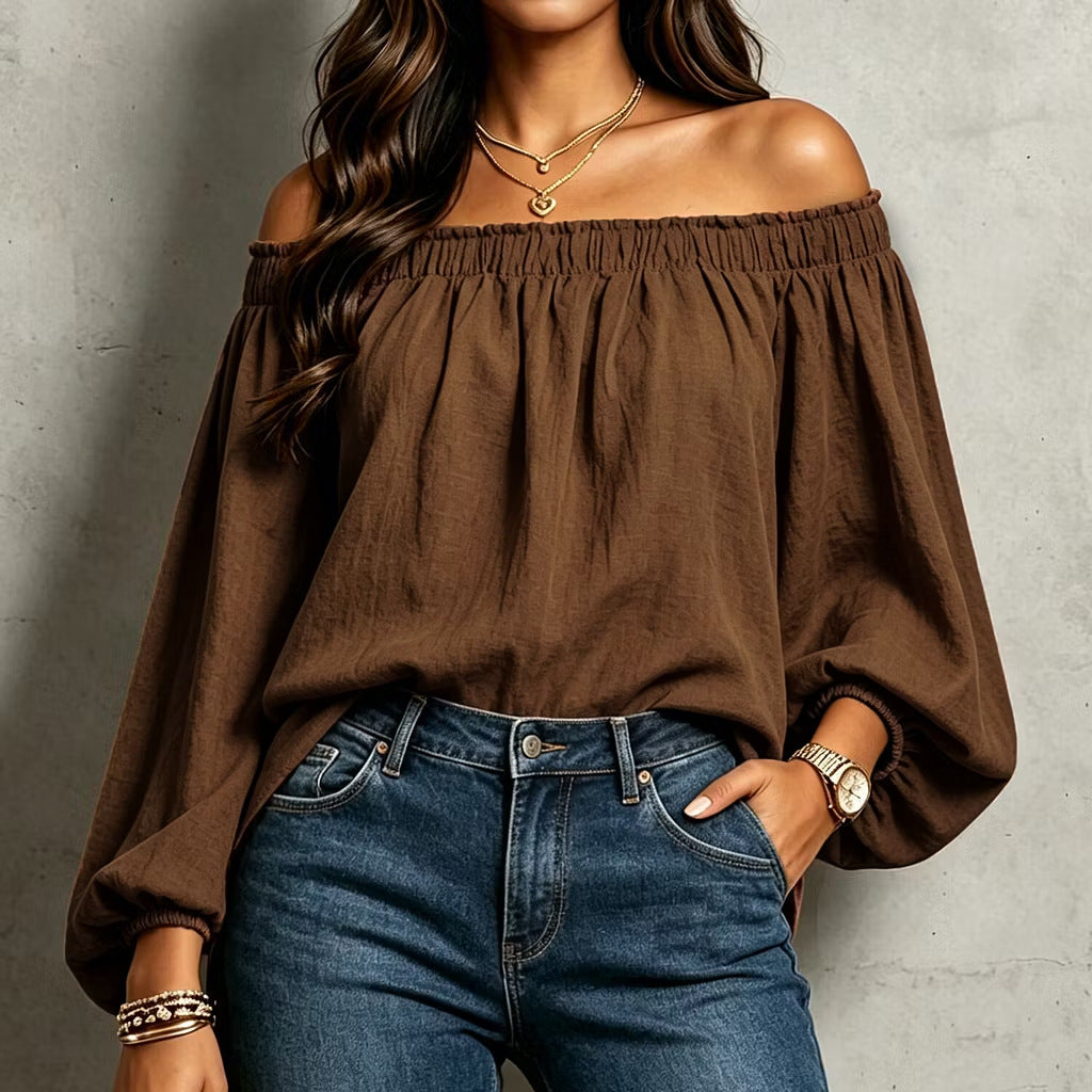 Women's Off Shoulder Smocked Blouse Puff Sleeve Loose Top