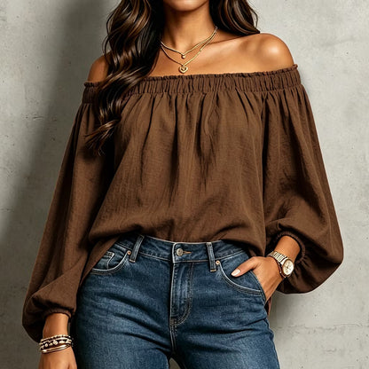 Women's Off Shoulder Smocked Blouse Puff Sleeve Loose Top