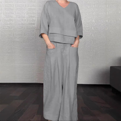 Plus Size Asymmetric Solid Matching Set Wide Leg Pants