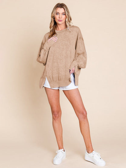 Acid Wash Oversized Sweatshirt Side Slit Drop Shoulder