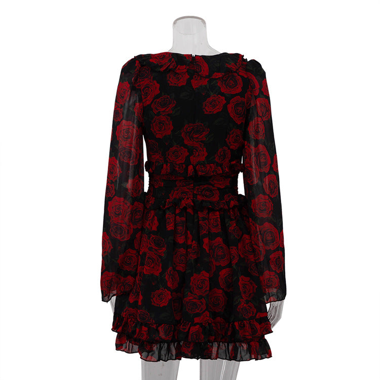 Floral V-Neck Long Sleeve Button Front A-Line Mini Dress