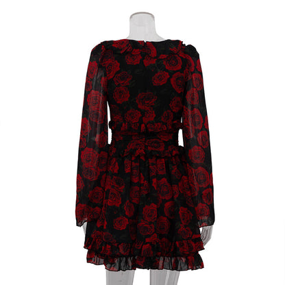 Floral V-Neck Long Sleeve Button Front A-Line Mini Dress