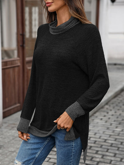 Women's Color Block Cowl Neck Long Sleeve Tunic Top