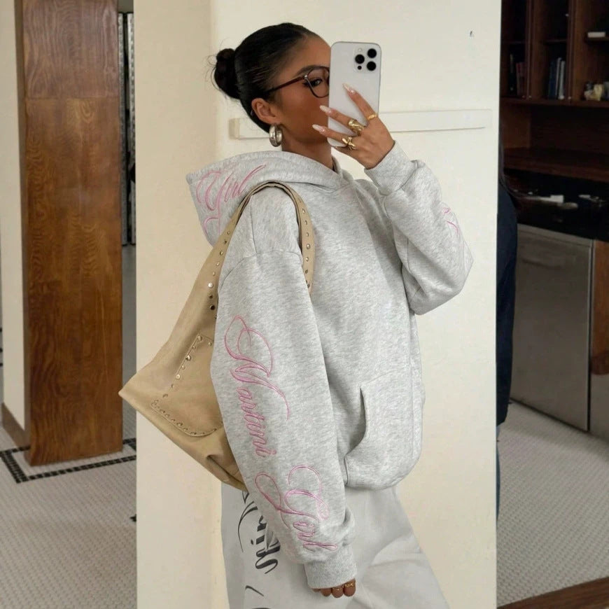 Embroidered Hoodie Sweatshirt Oversized Casual Pullover