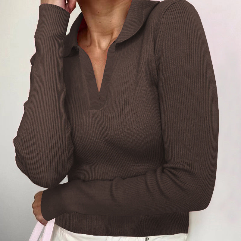 Women's Ribbed Collared V-Neck Long Sleeve Fitted Top