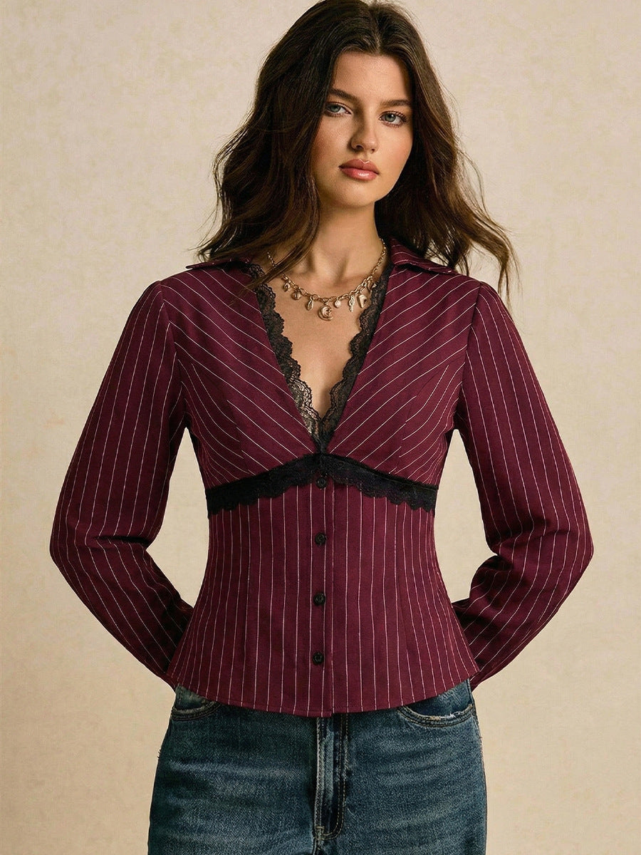 Women's Lace Trim Striped Fitted Long Sleeve Blouse