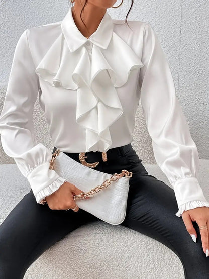 Womens Layered Ruffle Collared Long Sleeve Work Blouse