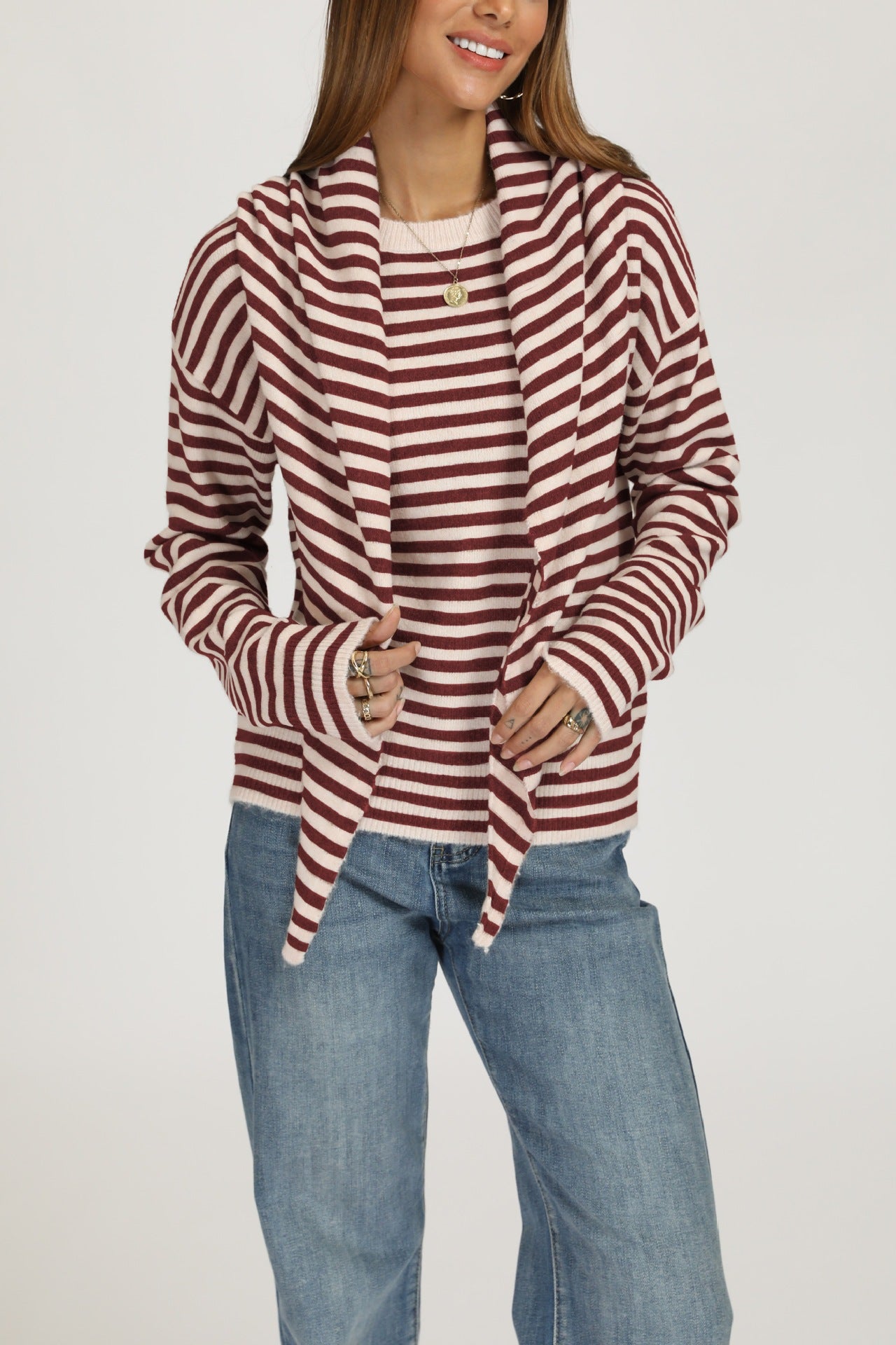 Striped Knit Sweater with Scarf Detail Crew Neck Pullover