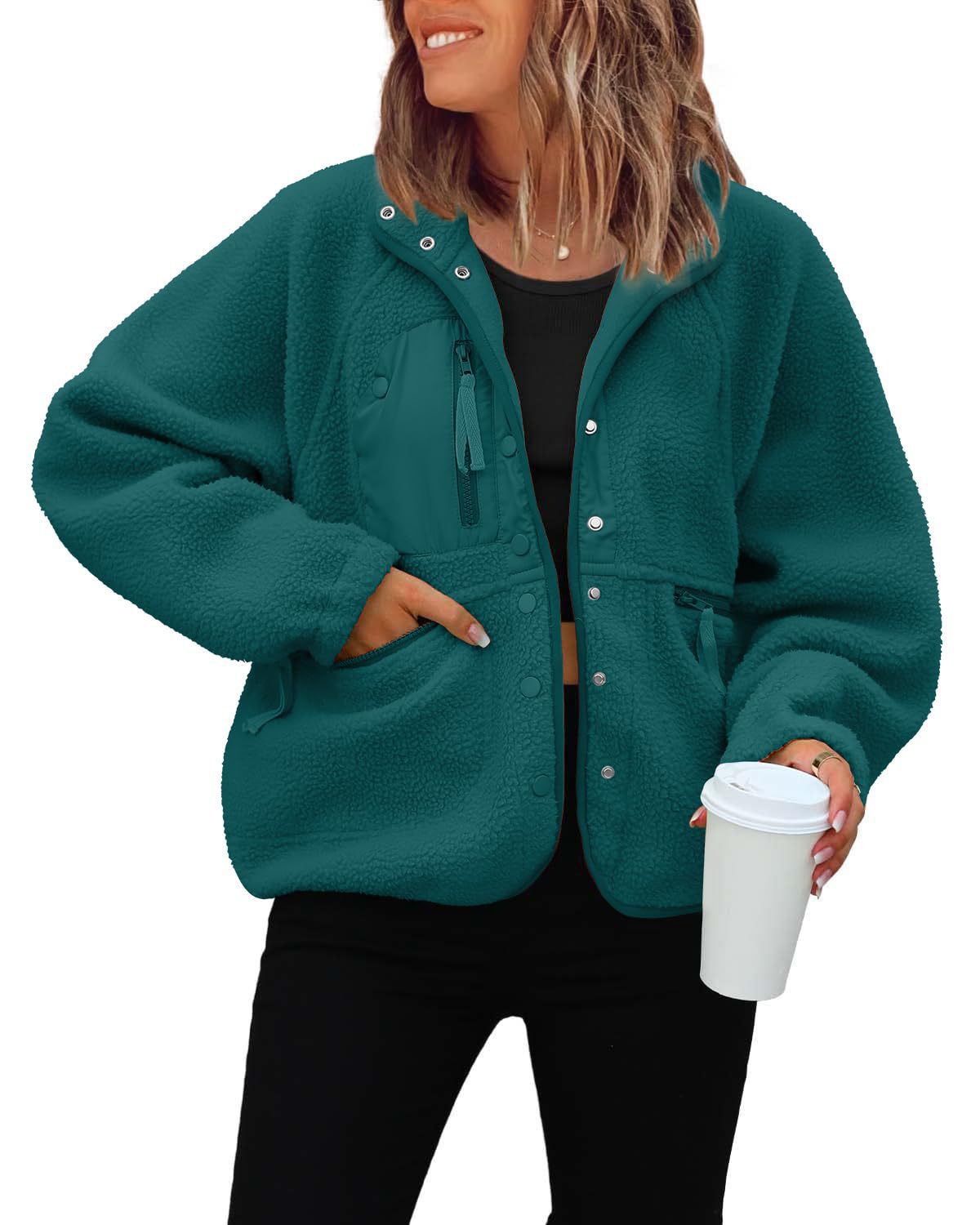 Women's Oversized Sherpa Fleece Jacket Button Front Casual