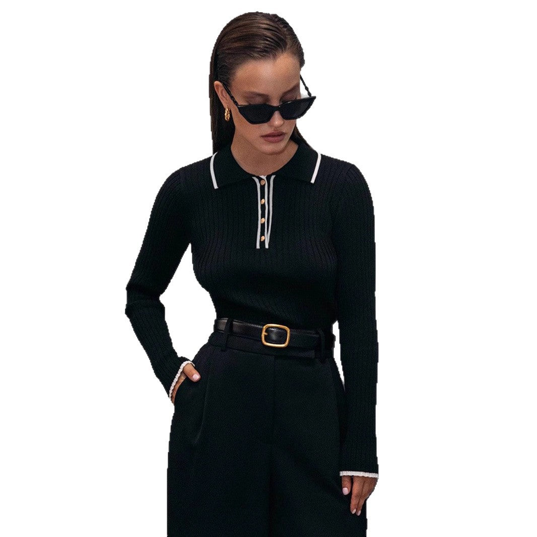 Women's Polo Collar Ribbed Long Sleeve Crop Sweater