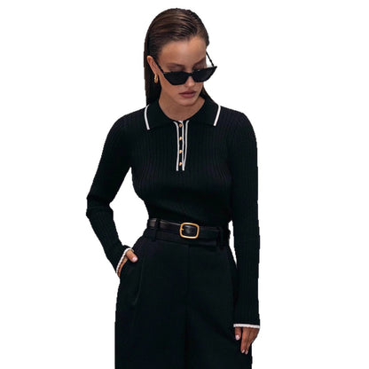 Women's Polo Collar Ribbed Long Sleeve Crop Sweater