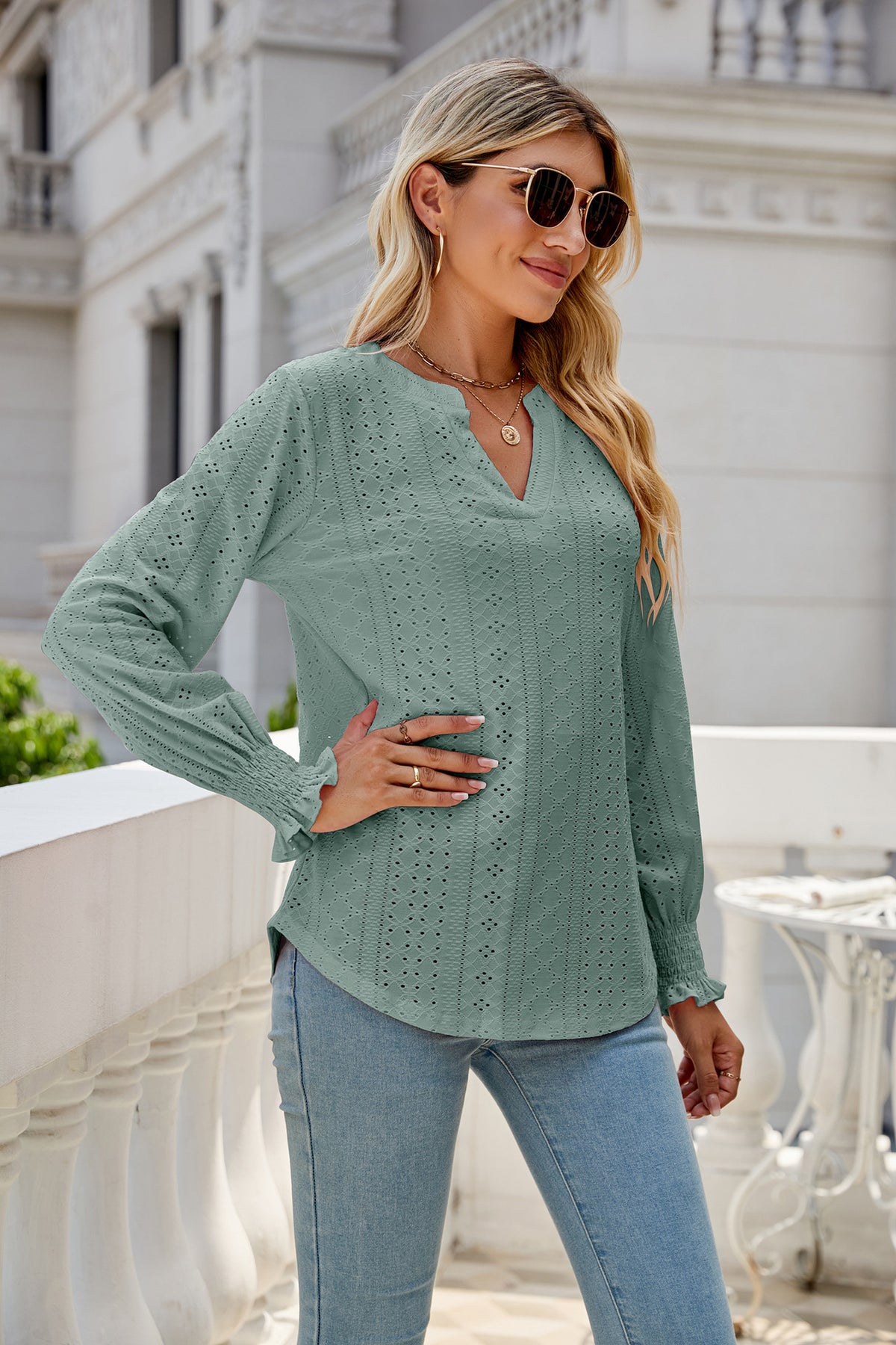 Women's Eyelet V-Neck Long Sleeve Ruffle Cuff Loose Blouse