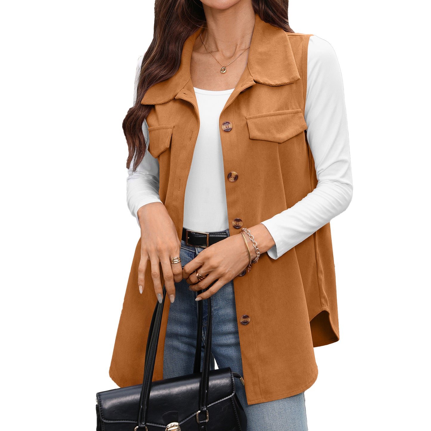 Corduroy Vest Button Front Sleeveless Longline Jacket