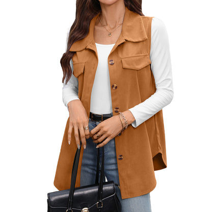 Corduroy Vest Button Front Sleeveless Longline Jacket