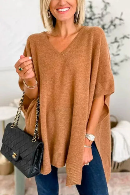 Women's Oversized V-Neck Batwing Sleeve Knit Poncho Sweater