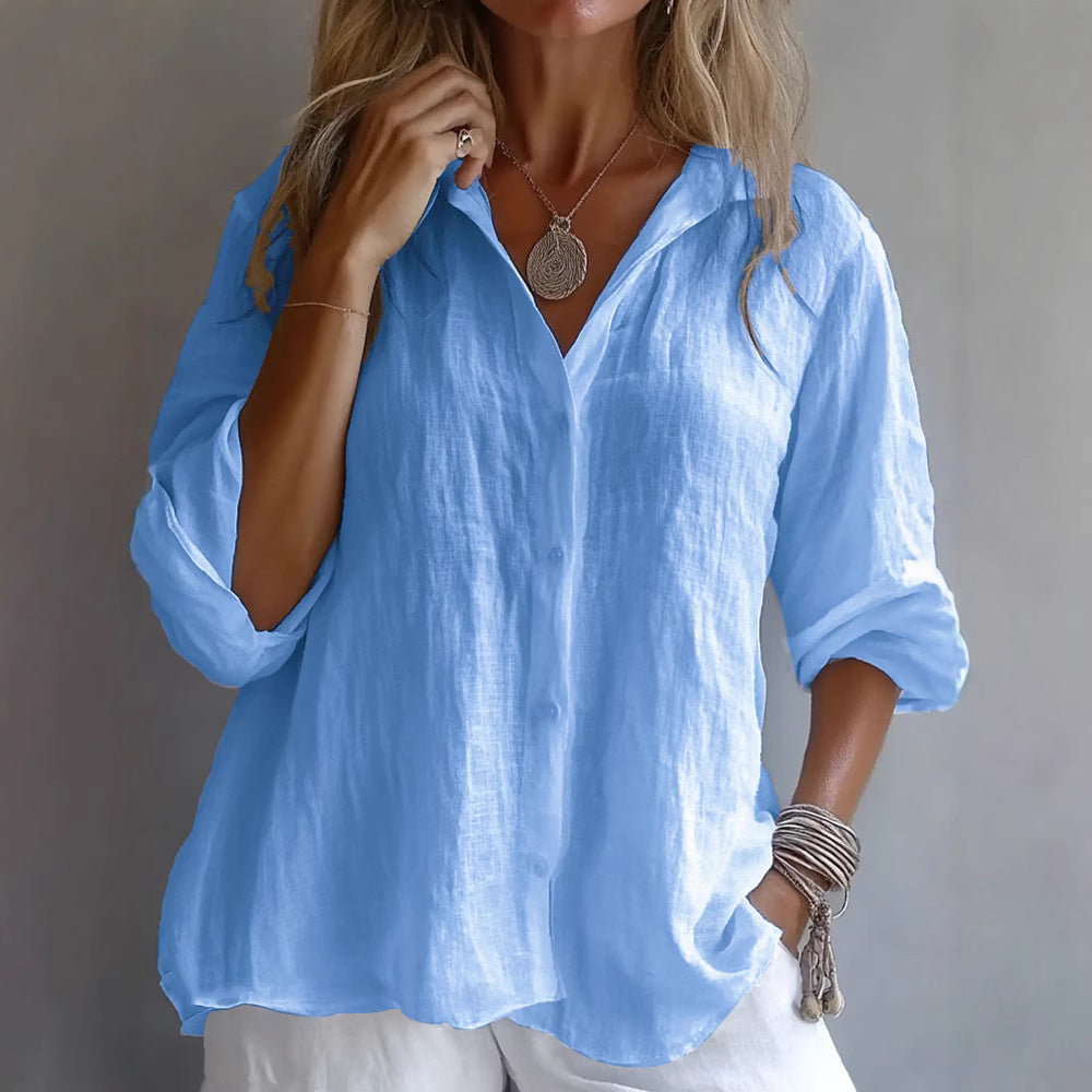 Women Linen V Neck Button Down Long Sleeve Casual Shirt