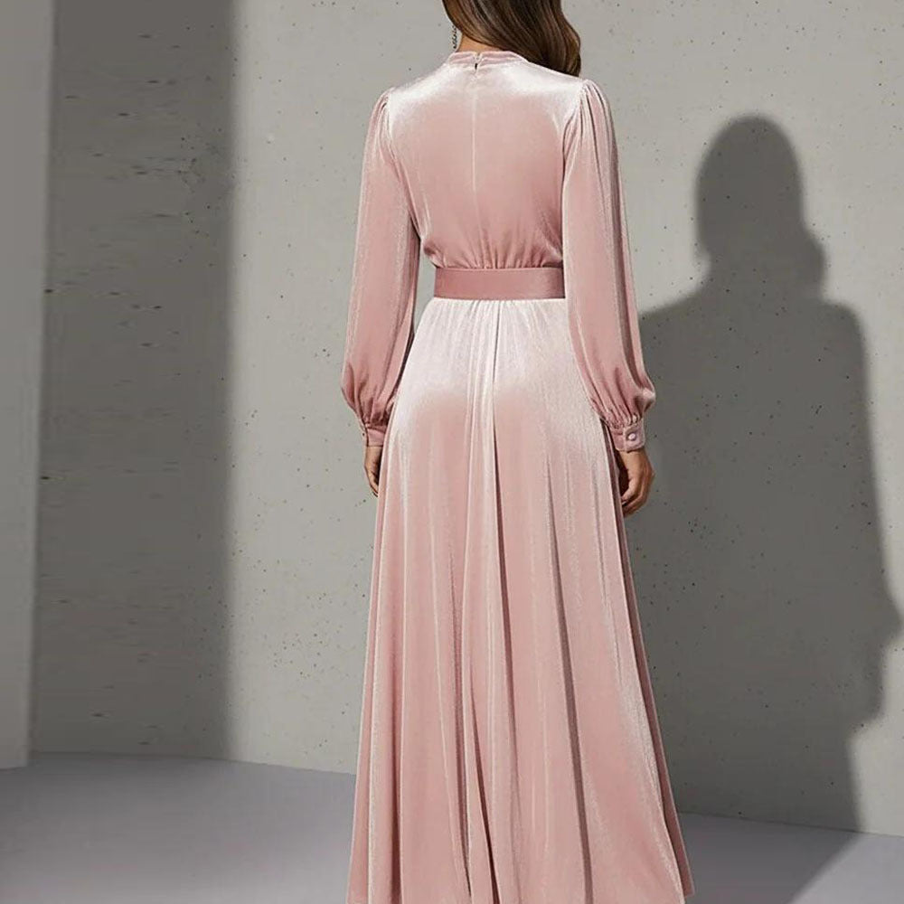 Women's Puff Sleeve V Neck Pleated Belted Maxi Dress