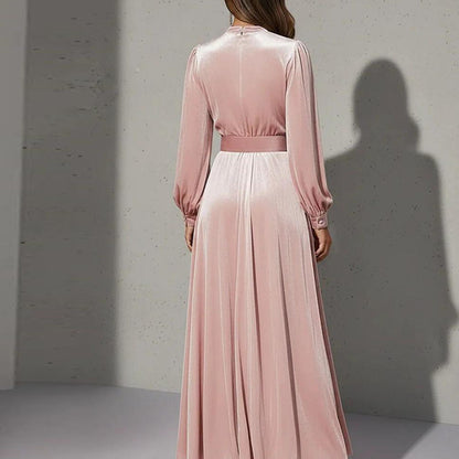 Women's Puff Sleeve V Neck Pleated Belted Maxi Dress