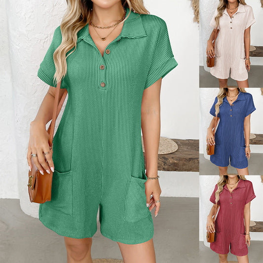 Ribbed Collared Button Romper Loose Pocket Lounge Outfit