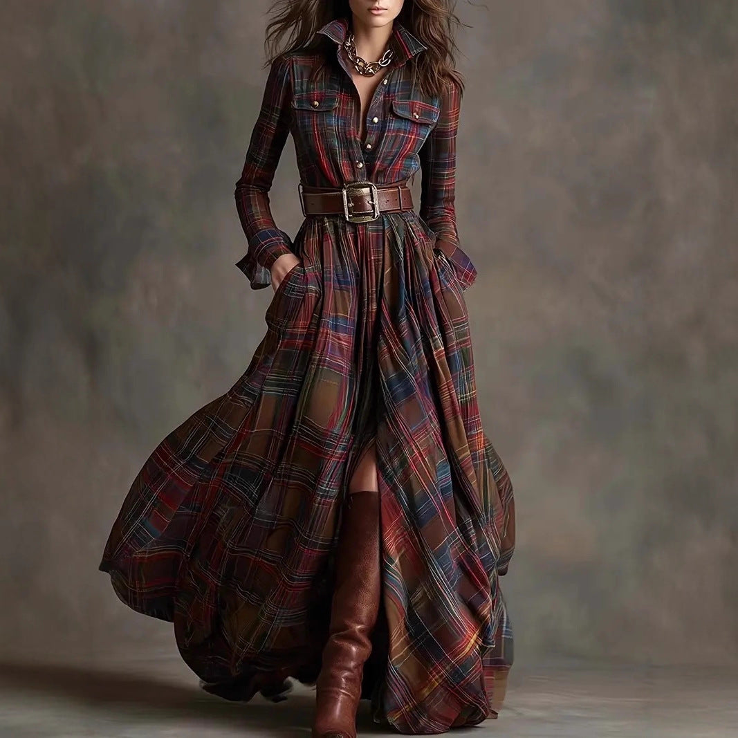 Women's Vintage Plaid Maxi Shirt Dress Long Sleeve Belted