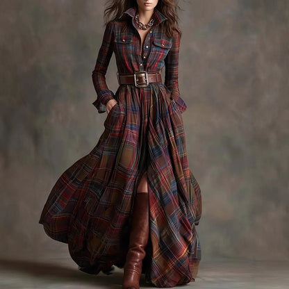 Women's Vintage Plaid Maxi Shirt Dress Long Sleeve Belted