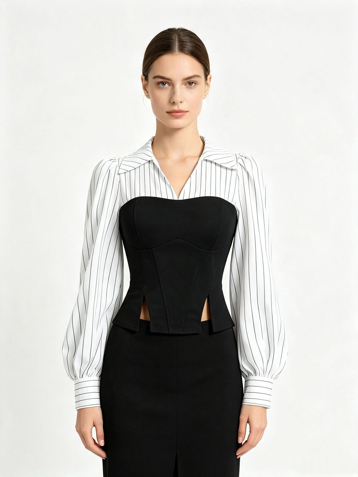 Striped Colorblock Corset Blouse Collared Puff Sleeve Top