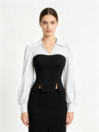 Striped Colorblock Corset Blouse Collared Puff Sleeve Top