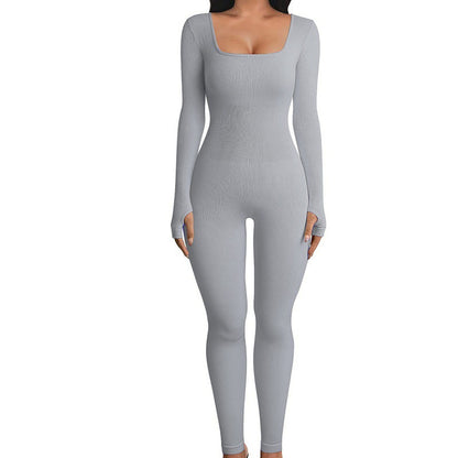 Womens Ribbed Square Neck Bodycon Long Sleeve Jumpsuit