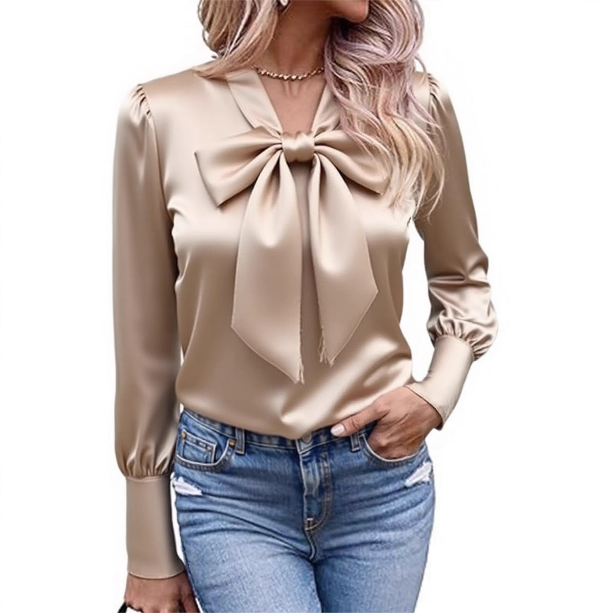 Women's Satin Bow Tie Blouse Puff Long Sleeve Top