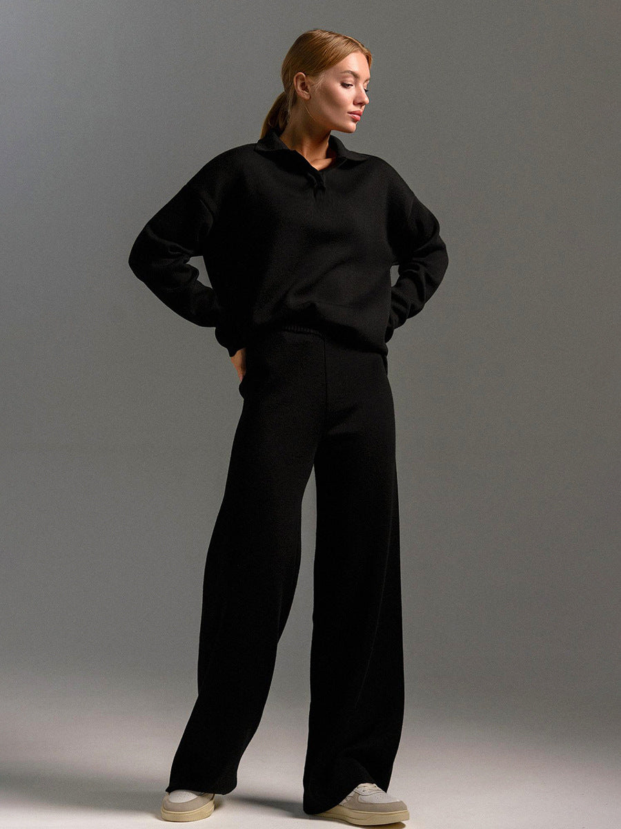 Women's Polo Knit Sweater Set with Wide Leg Pants