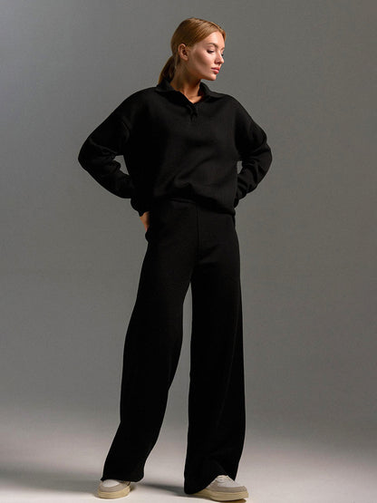 Women's Polo Knit Sweater Set with Wide Leg Pants