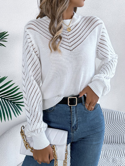 Hollow Knit Sweater Women | Round Neck Lantern Sleeve