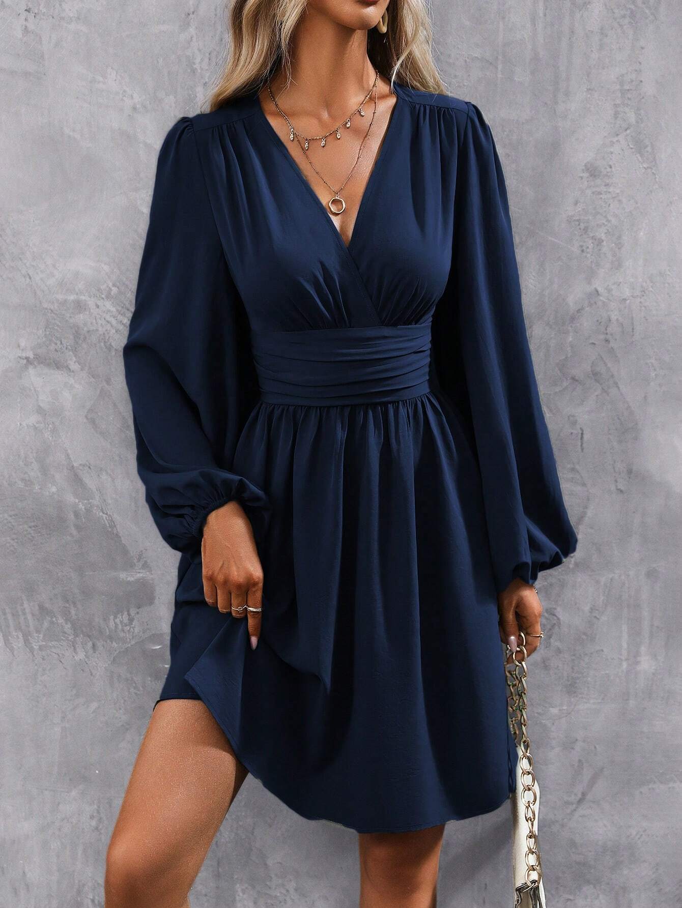 Women's V-Neck Balloon Sleeve Ruched Waist A-Line Dress