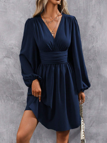 Women's V-Neck Balloon Sleeve Ruched Waist A-Line Dress