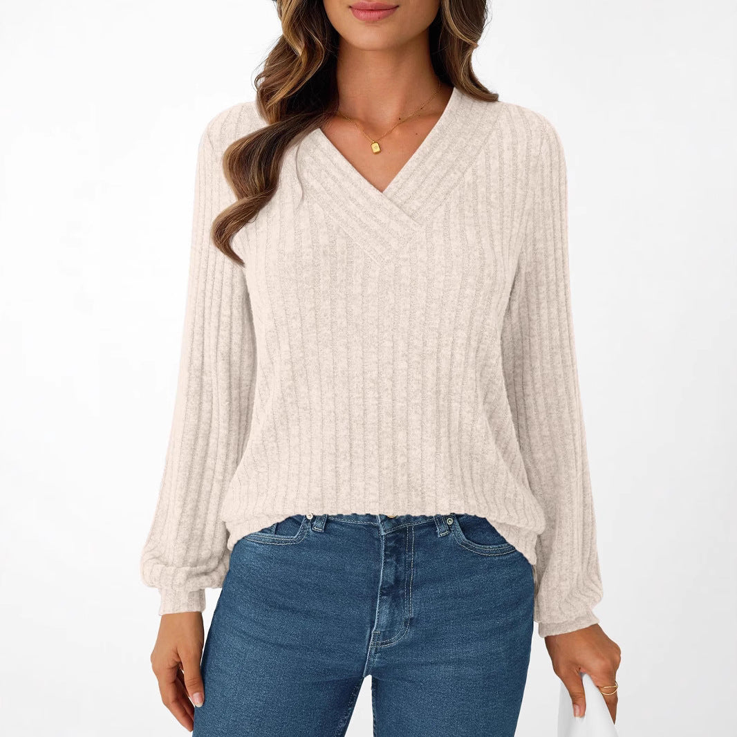 Textured Rib Knit V-Neck Pullover Long Sleeve Top