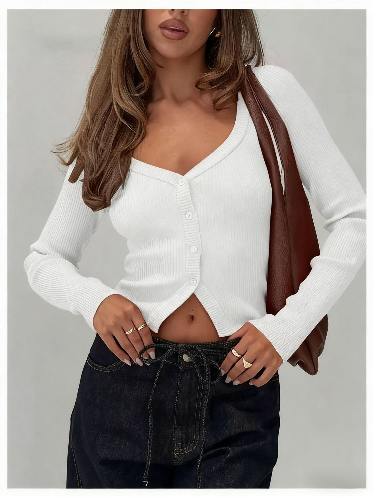 Sexy Ribbed V-Neck Crop Cardigan Button Front Long Sleeve